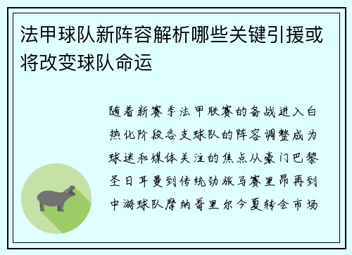 法甲球队新阵容解析哪些关键引援或将改变球队命运